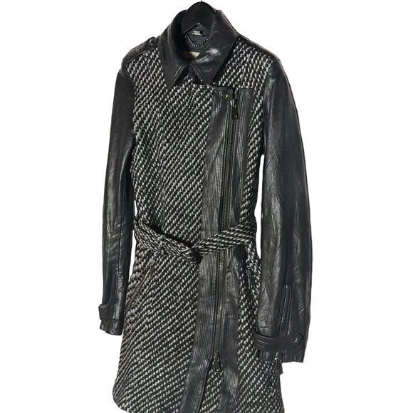 Burberry Black Leather Sleeves Wool Tweed Coat - Picture 3 of 15